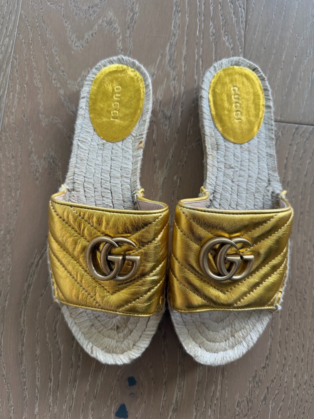 Gucci Gold Quilted Slide Mules with Double G Hardware